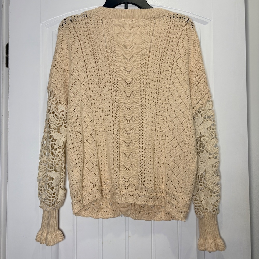 Pointelle Cardigan Women Medium Beige Lace Sleeve Button Front Knit - Picture 2 of 6
